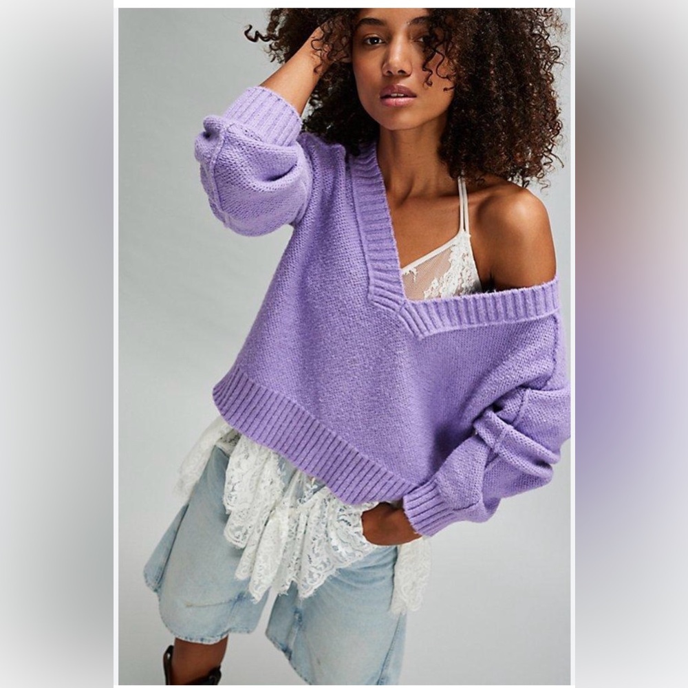 Free People Soft Lavender V-Neck Oversized Knit Sweater